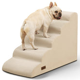 Aodisman 5-step dog stairs beside beige bed edge enabling easier bed access for small pets