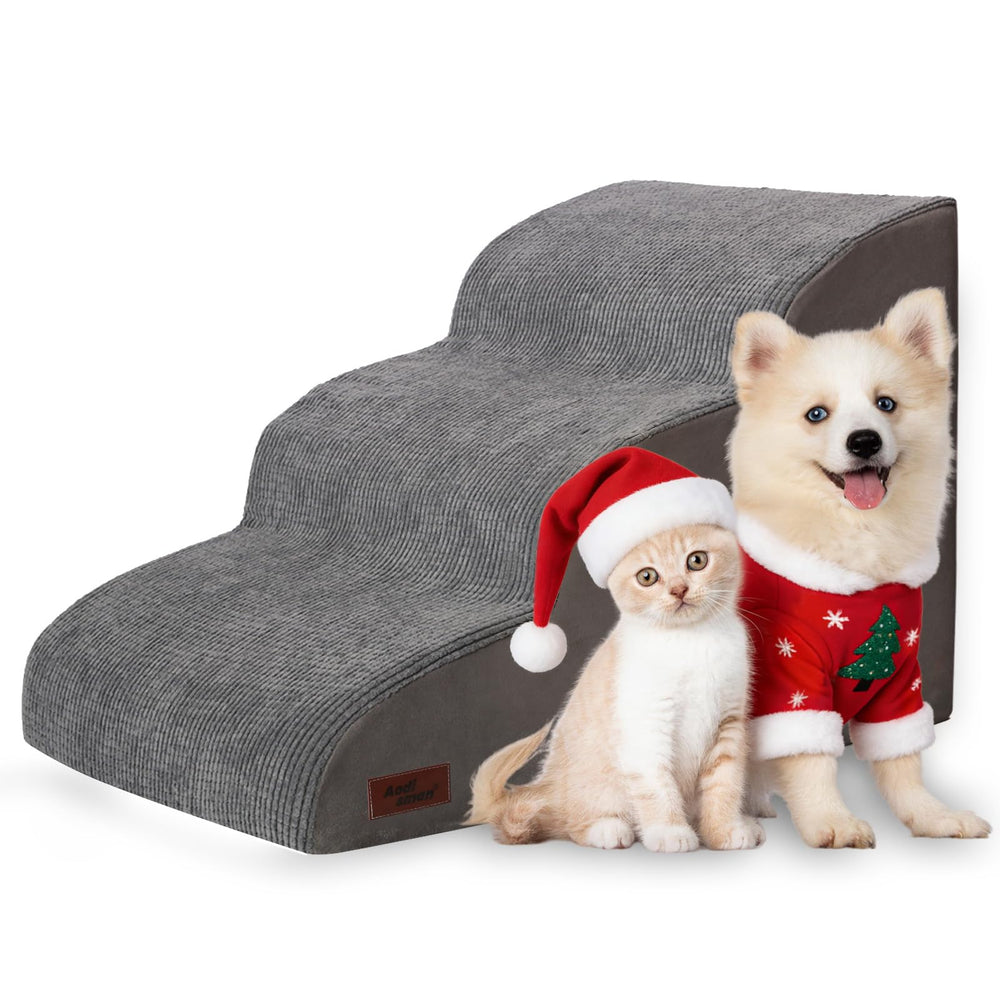 Aodisman dog ramp with grey steps helps small dogs reach the sofa securely.