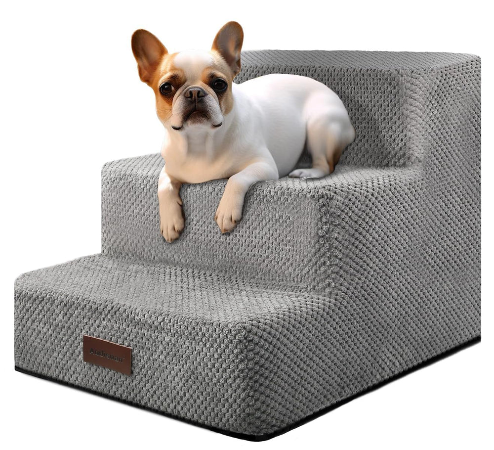 Aodisman dog stairs on a grey couch; 3-step design helps small dogs reach the sofa safely.