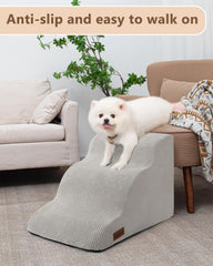 Aodisman 3-step dog stairs front angle showing sturdy foam and gentle incline.