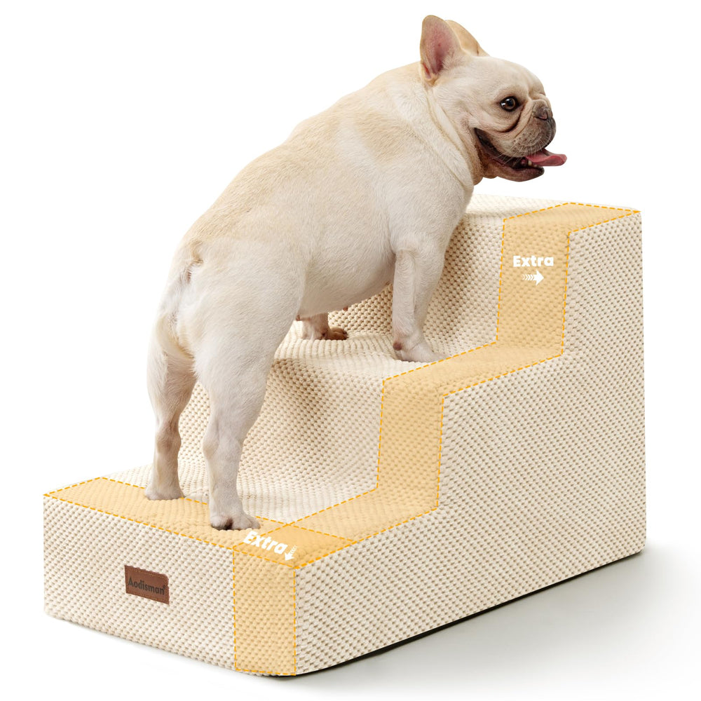Aodisman dog stairs 3-step side view beige for stable access to couches