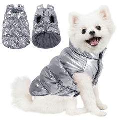 AOFITEE dog winter coat front view in silver keeps small dogs warm on chilly walks