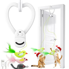 Aoioploa clip-on cat toy on a door frame for space-saving indoor play.