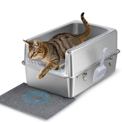 Aothey stainless-steel litter box with lid demonstrates durability and rust resistance for easy pet care.