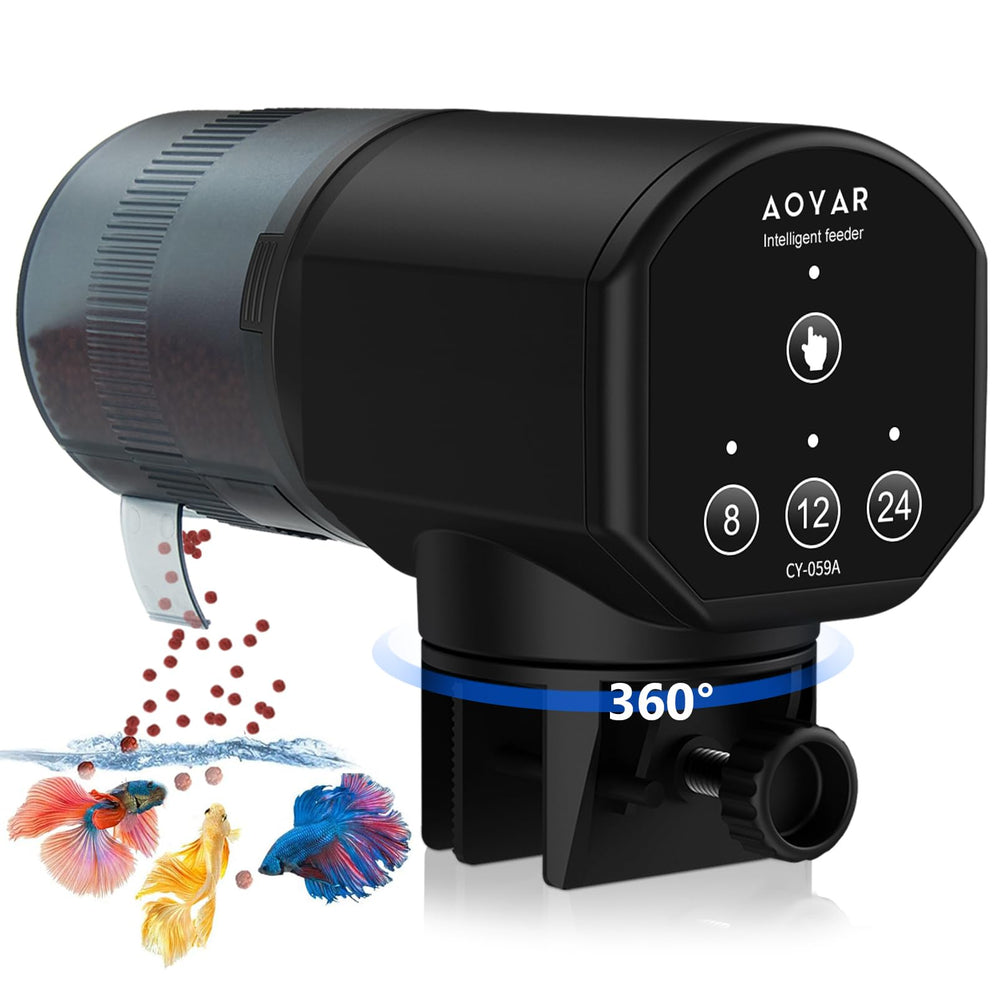 Aoyar automatic fish feeder on tank cover ensures reliable feeding while you're away.