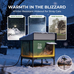 Apasiri heated cat house side view highlights sturdy construction against wind and rain