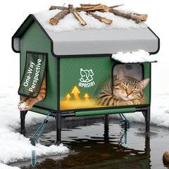 Apasiri heated outdoor cat house front view shows weatherproof shelter for outdoor cats.