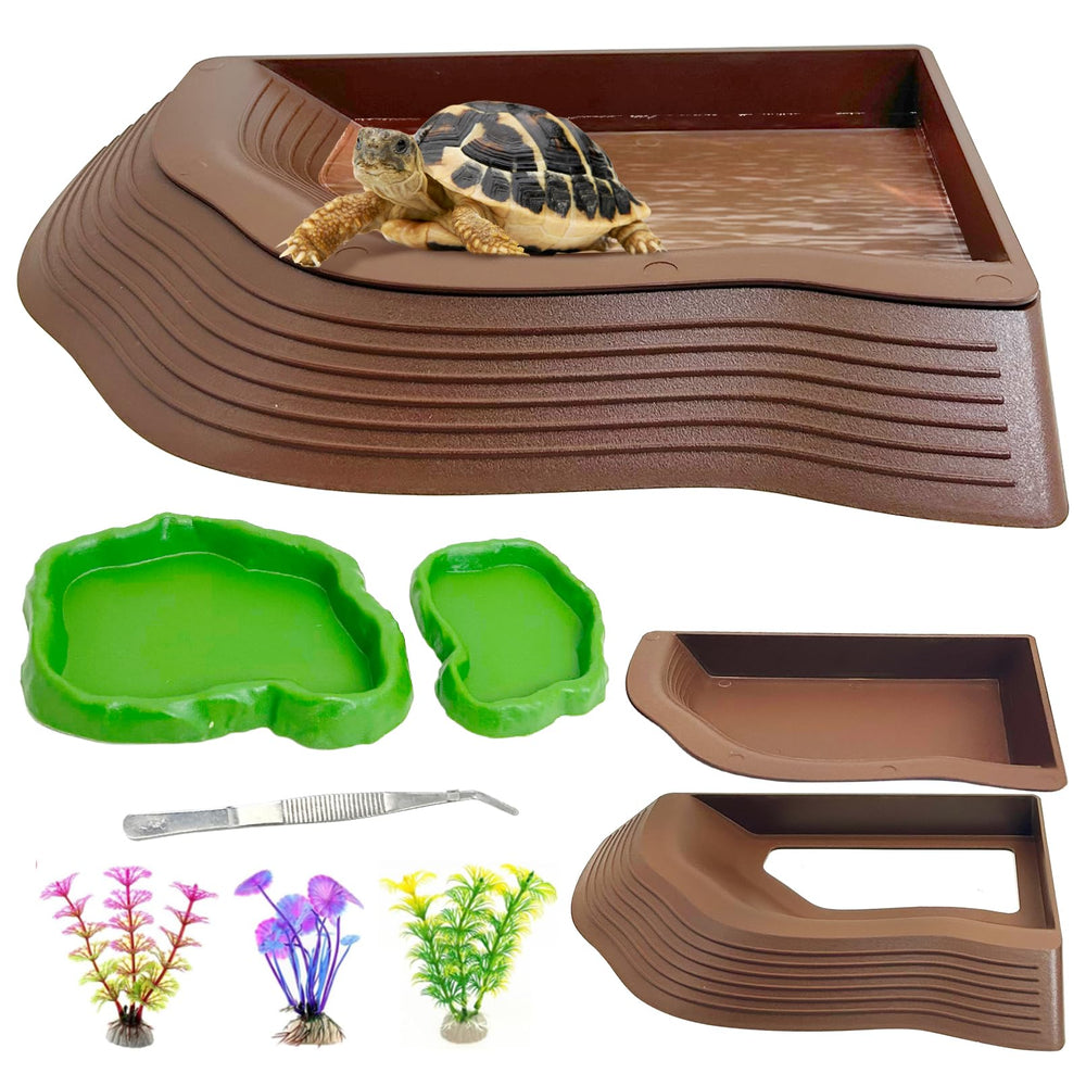 Apatal reptile bathing pool with ramp facilitates easy soaking for small turtles.