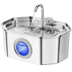 APAUK cat water fountain shows 108oz capacity for multiple pets.