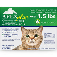 Apex Plus cat flea treatment bottle shows 30-day protection for cats.