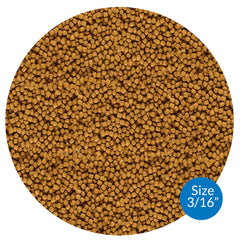 API POND FISH FOOD pellets closeup emphasizes high-protein formula for efficient absorption.