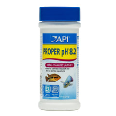 API PROPER pH 8.2 bottle closeup shows stable pH for healthy fish.