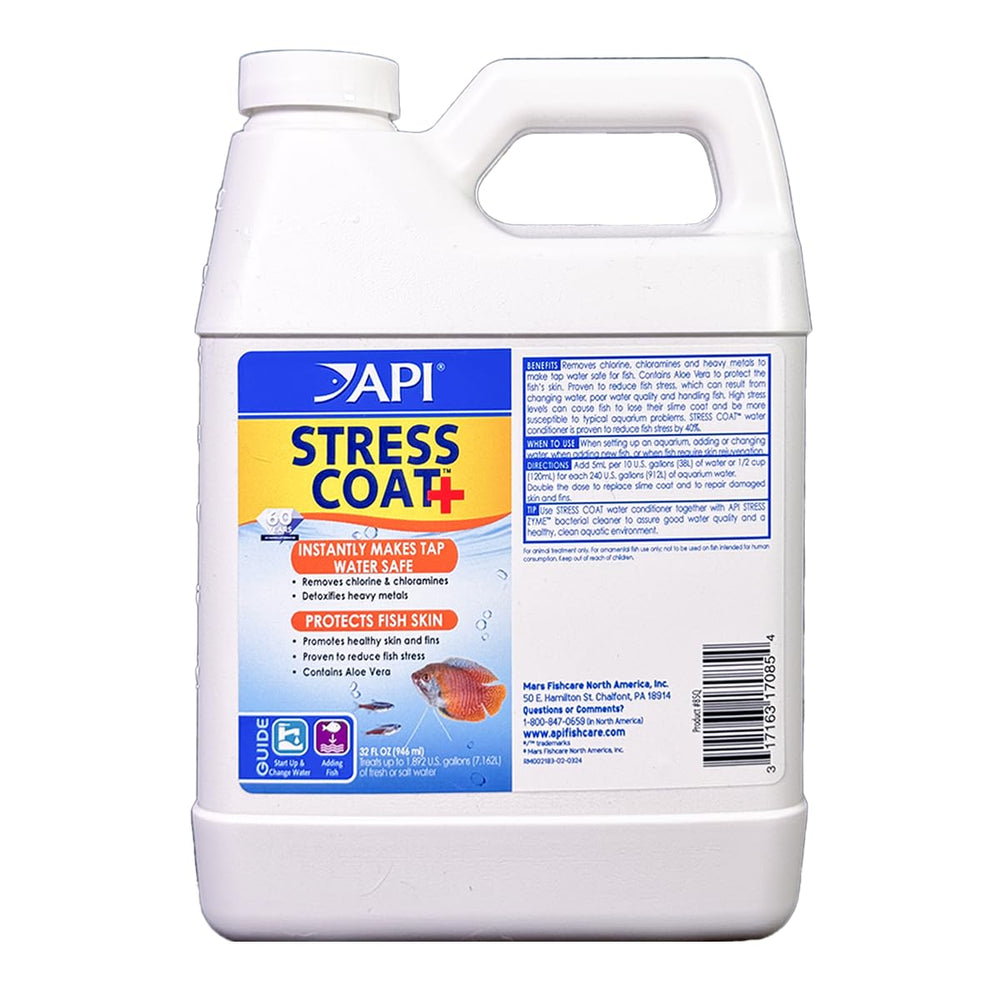 API Stress Coat bottle front for safe water conditioning and fish protection.