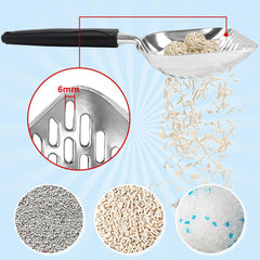 Apidgrowth cat litter scoop with handle and hook demonstrates convenient storage near the box.