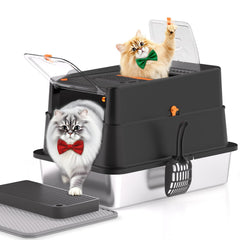 APPKER stainless-steel cat litter box top view shows flip-top for easy cleaning