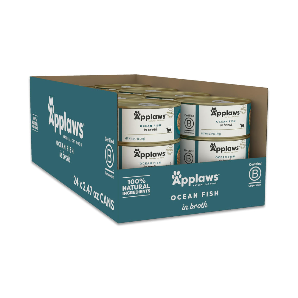 Applaws ocean fish in broth can shows protein-rich wet food for cats.