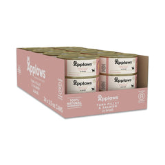 Applaws natural wet cat food tuna-salmon broth cans in a bowl, highlighting natural ingredients.