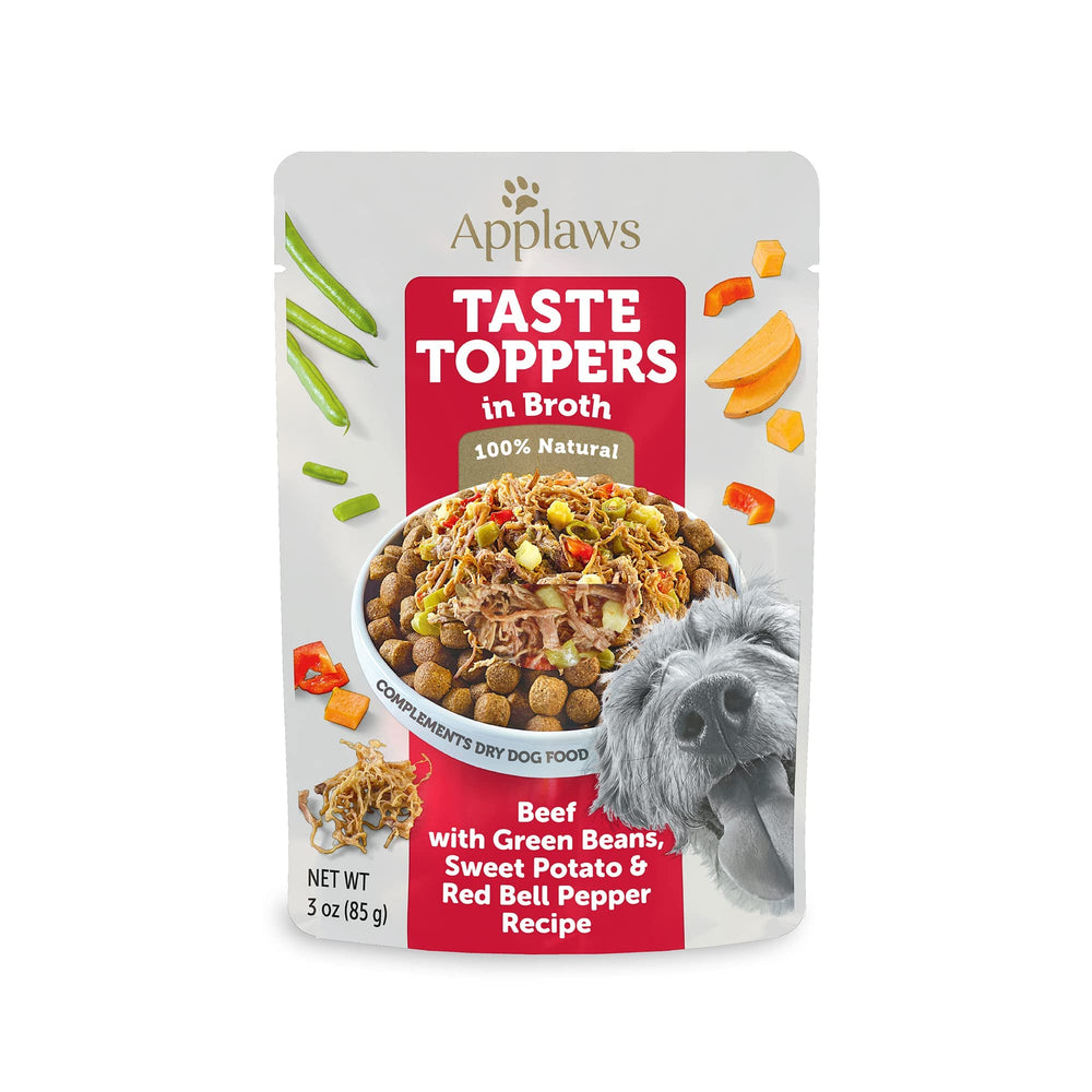 Applaws Taste Toppers beef with green beans in broth pouch—protein-rich topper for tastier meals.