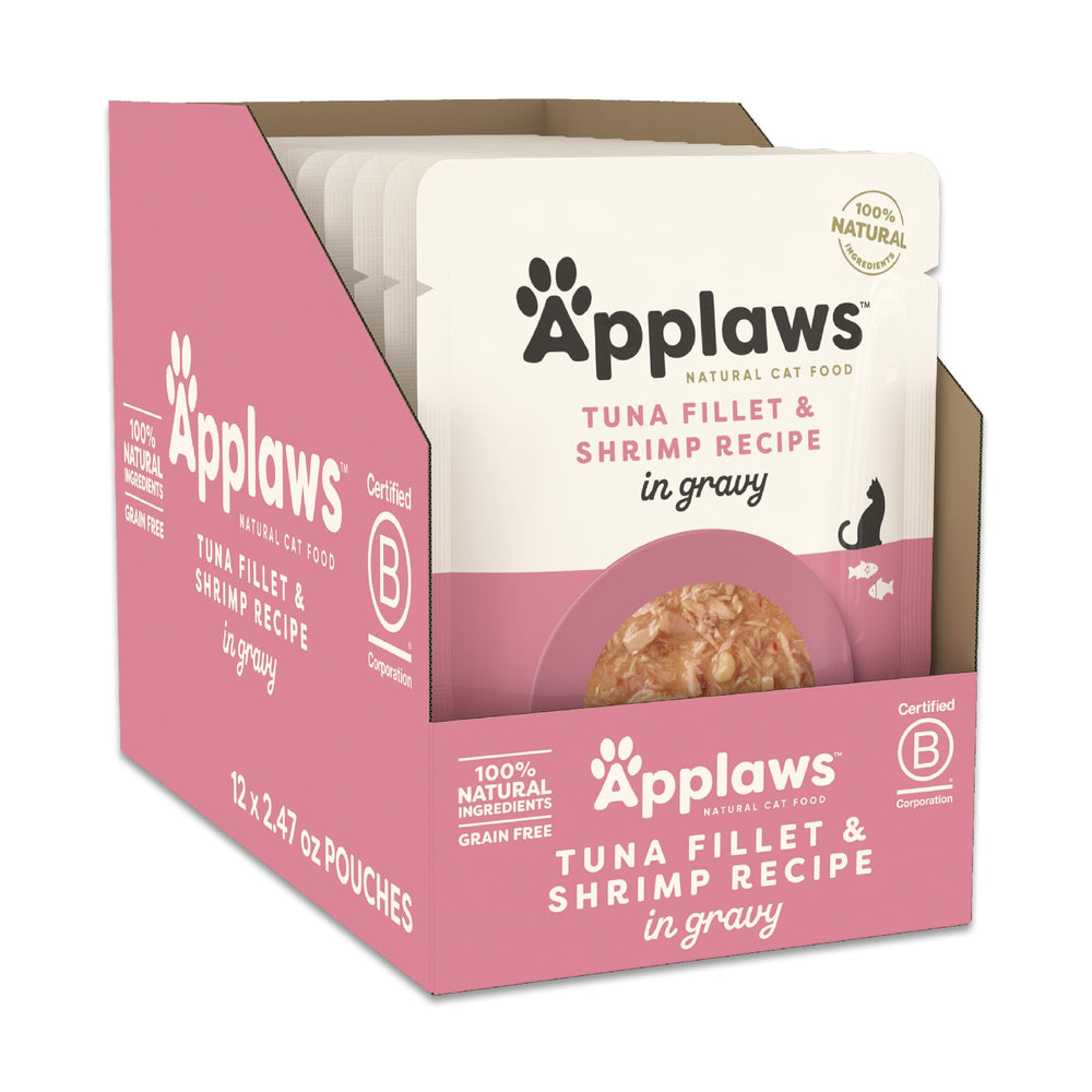 Applaws tuna with shrimp in gravy pouch closeup showing protein-rich cat meal.