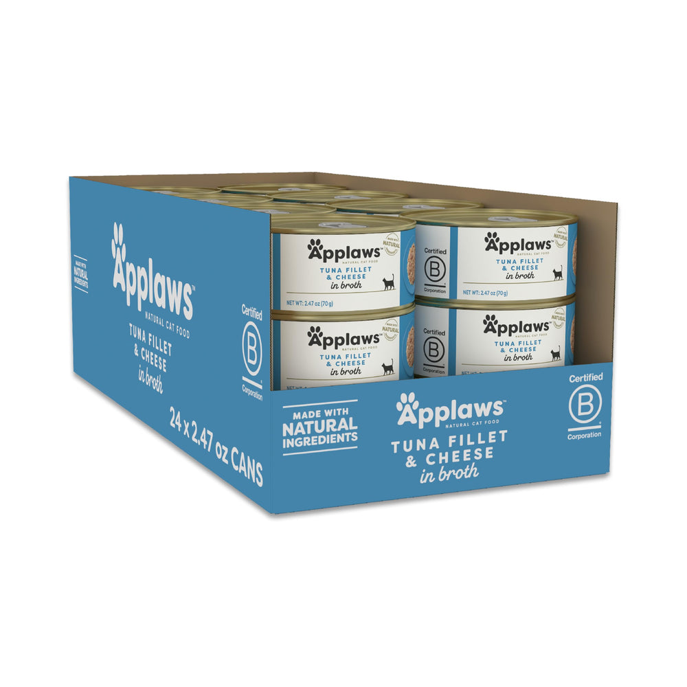 Applaws tuna and cheese in broth cans; limited ingredients for simple, protein-focused meals.