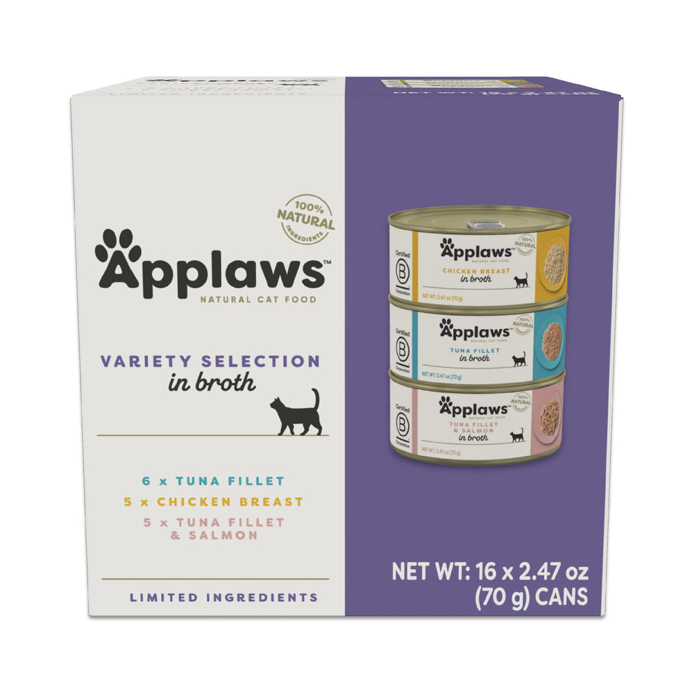 Applaws wet cat food variety pack shows 16 cans for curious cats