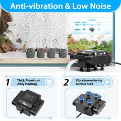 AQQA aquarium air pump side view highlights compact design ideal for space-saving setups.