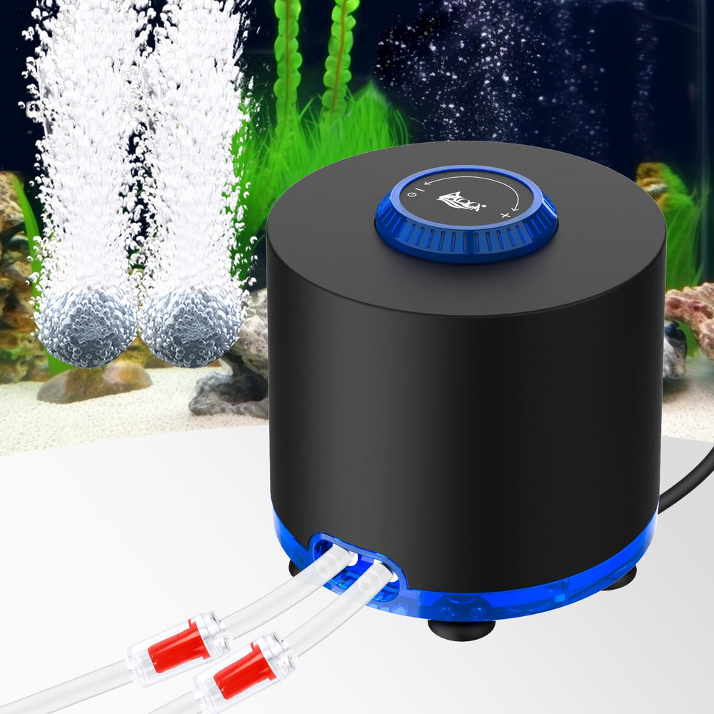 AQQA Aquarium Air Pump Tubby front view highlights quiet aeration for up to 80 gallons