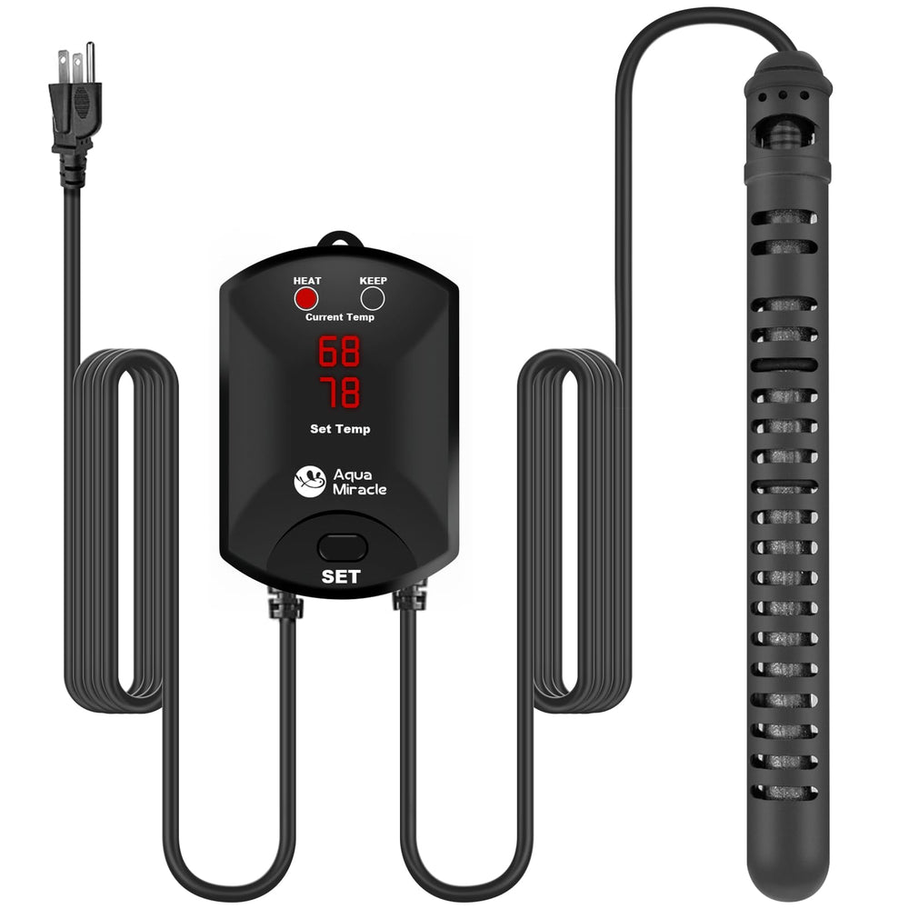 AquaMiracle aquarium heater with digital external thermostat for precise temperature control.