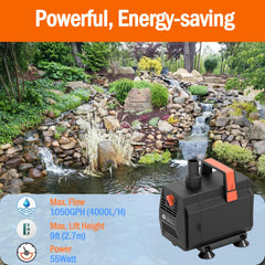AquaMiracle 1050GPH pump in water demonstrates submersible versatility for ponds.
