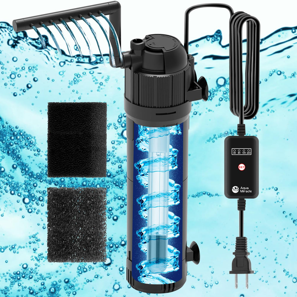 AquaMiracle aquarium filter's green-water U-V lamp purifies water for clearer viewing.