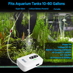 AquaMiracle portable aquarium air pump side view demonstrates easy placement near tank edge.