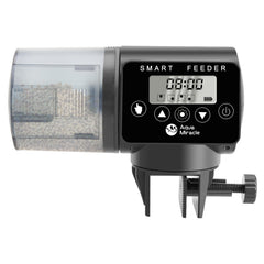 AquaMiracle programmable fish feeder drum showing 200ml capacity for reliable vacation feeding.