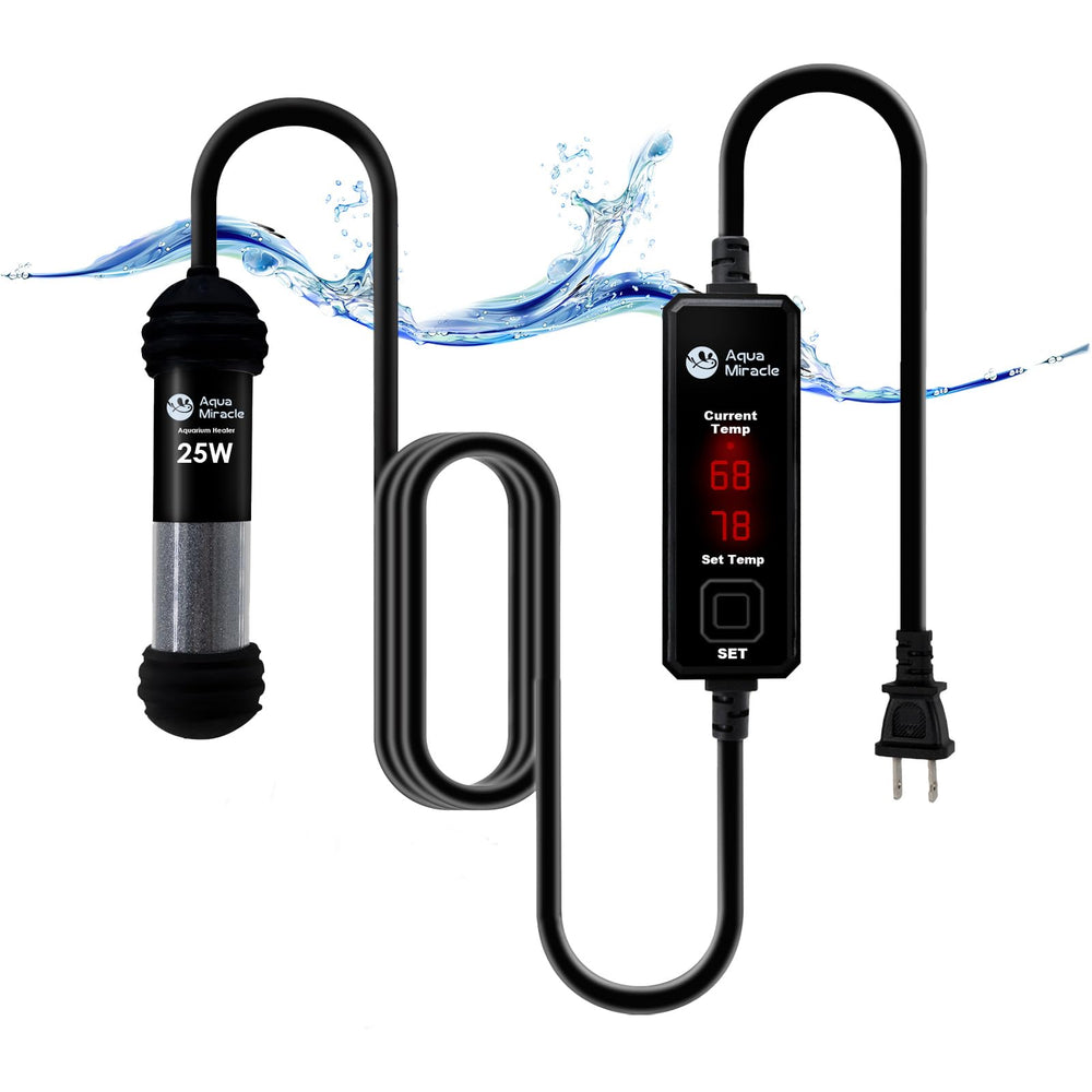 AquaMiracle Upgraded 25W mini heater front view showing compact design for 3-5 gallon tanks