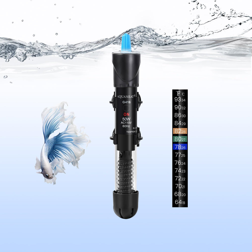 AQUANEAT 50W aquarium heater with adjustable dial for stable small-tank warmth.