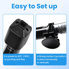 AQUANEAT heater uses a suction cup for secure placement in the aquarium