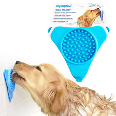 Aquapaw dog licking mat blue closeup shows treat-filled engagement during bath time.