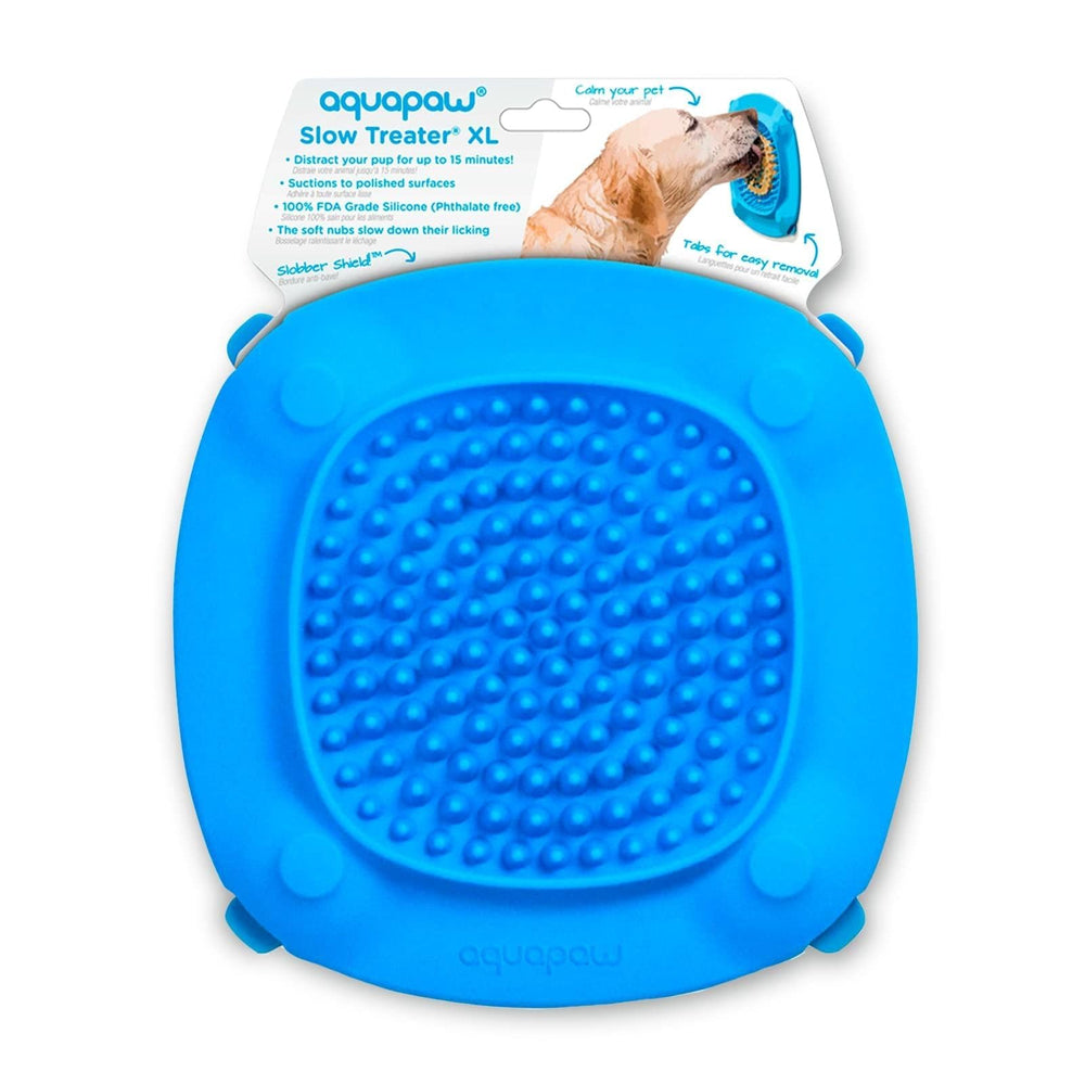 Aquapaw Lick Mat suction cups on shower wall improve bath time with tasty distraction.
