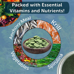 Aquatic Foods Inc. ingredients list highlights spirulina and vegetables for varied dietary appeal.