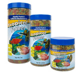 Aquatic Foods Inc Premium Tropical Fish Flakes canister close-up, balanced nutrition for tropical fish.