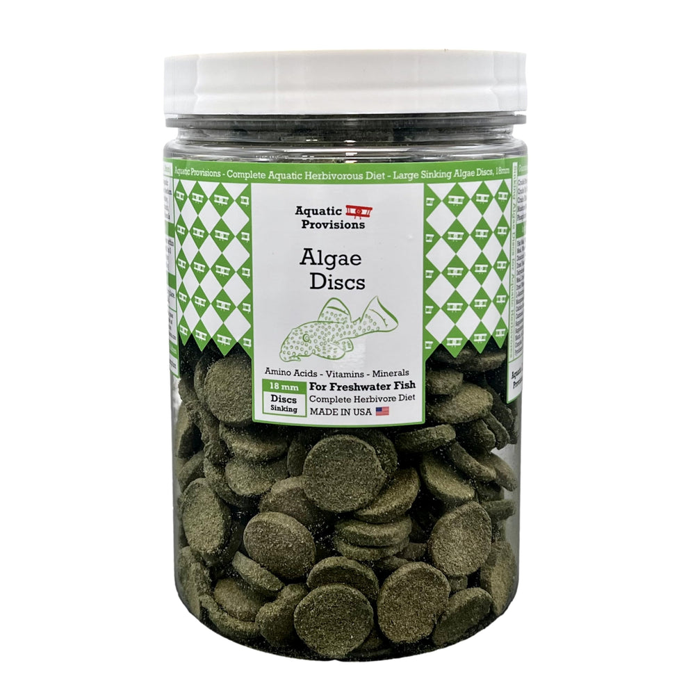 Aquatic Provisions algae discs 16oz packaging shows USA-made sustainable nutrition for herbivorous fish.