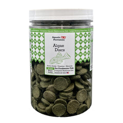 Aquatic Provisions algae discs 16oz packaging shows USA-made sustainable nutrition for herbivorous fish.