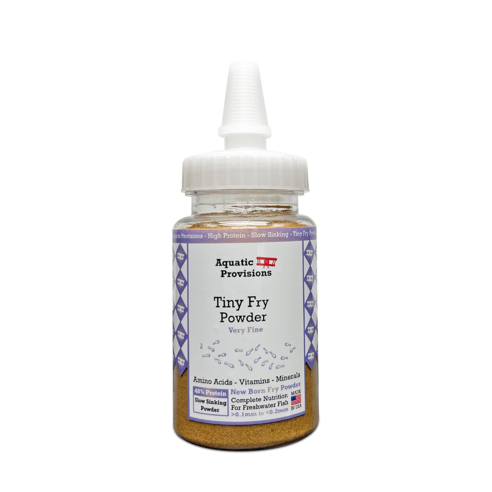 Aquatic Provisions Tiny Fry slow-sinking powder for newborn fry feeding and digestion.