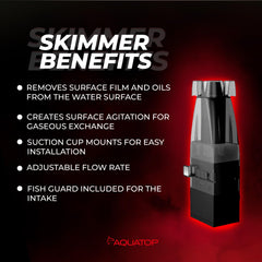 Aquatop surface skimmer in aquarium capturing surface debris for clearer viewing.