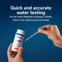 Aqueon 7-in-1 test strip bottle showing a 50-count supply for regular monitoring.