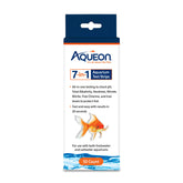 Aqueon 7-in-1 test strip dipped in aquarium water for a quick health check.