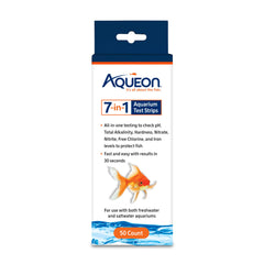 Aqueon 7-in-1 test strip dipped in aquarium water for a quick health check.