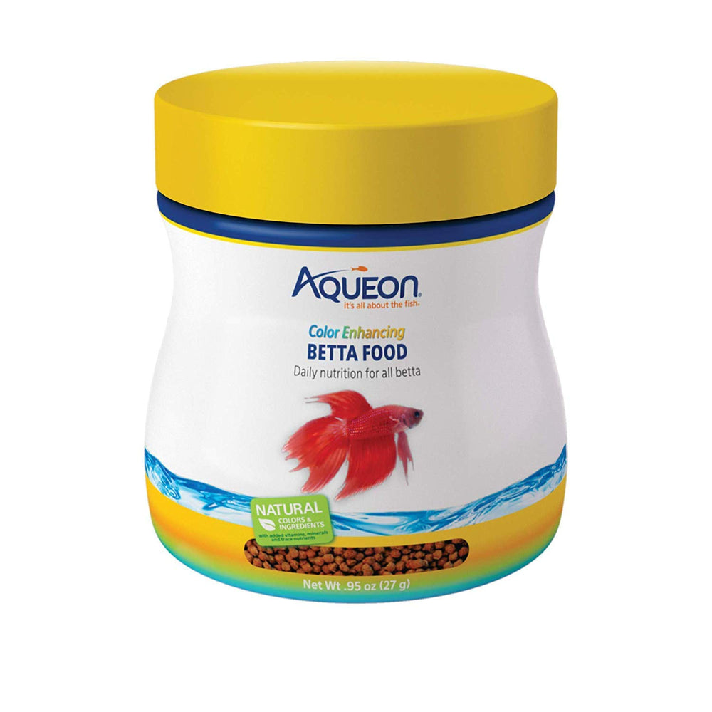 Aqueon Betta food pellets 3-pack front view showcase natural color enhancement potential.