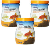 Aqueon Goldfish Granules 3-pack on shelf for easy daily feeding.