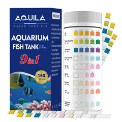 A QUILA Aquarium Water Test Kit 9-in-1 dip strip in water for quick readings.