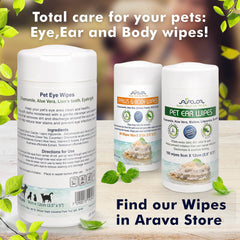 Arava Pet Eye Wipes tub closeup showing soft, gentle formula